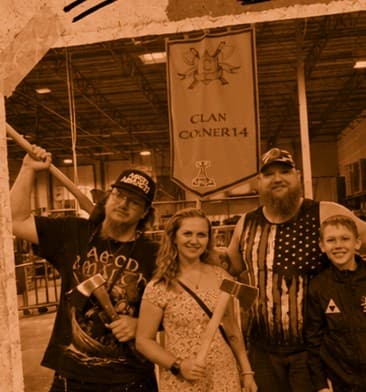 Clan Coner14 team posing with axes at a Celtic Axe league night