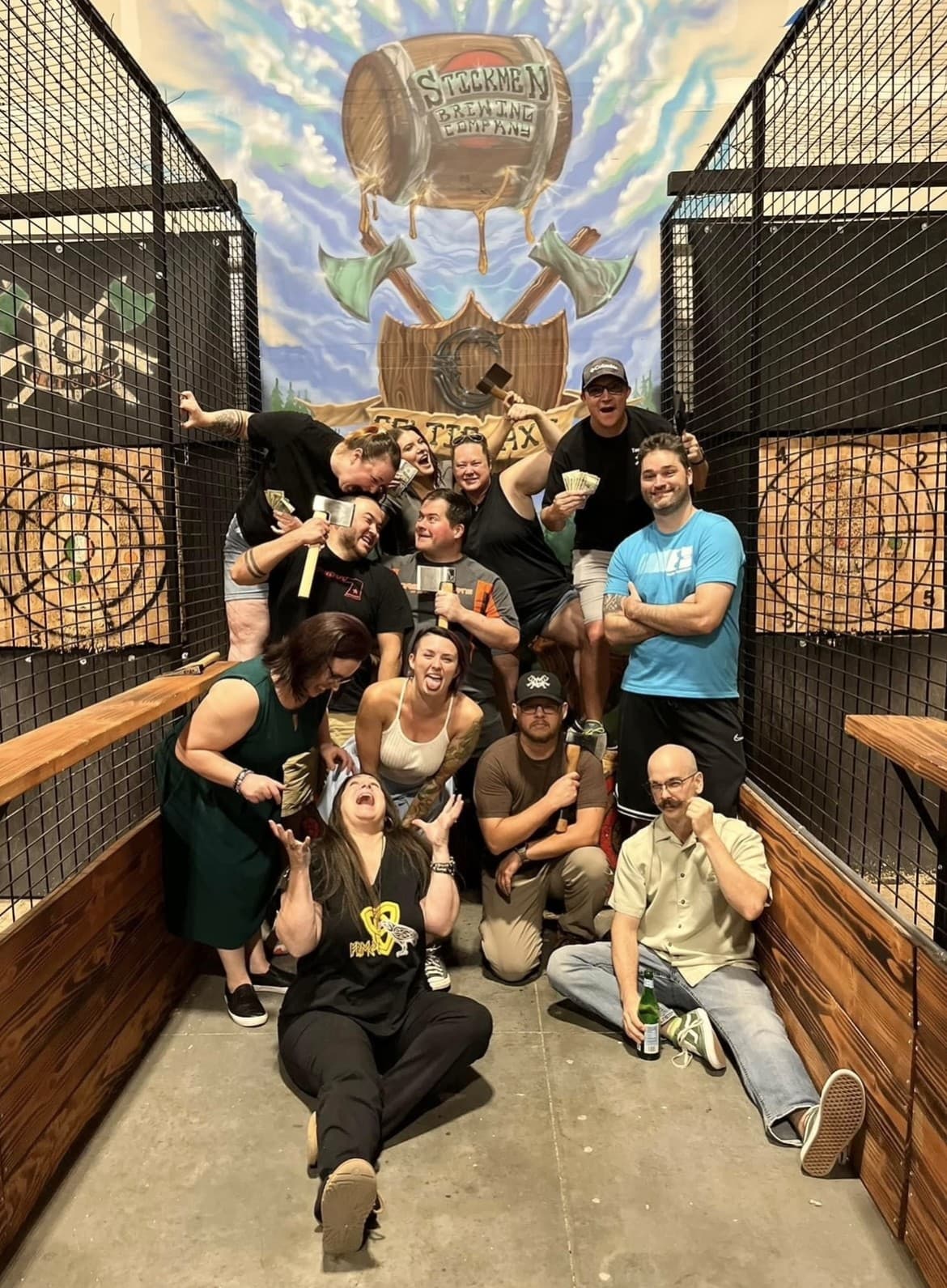 Large team building group celebrating at Celtic Axe